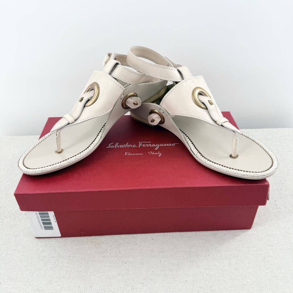 Salvatore Ferragamo Shan Leather Slingback Thong Sandals Nude Beige Women's 9.5